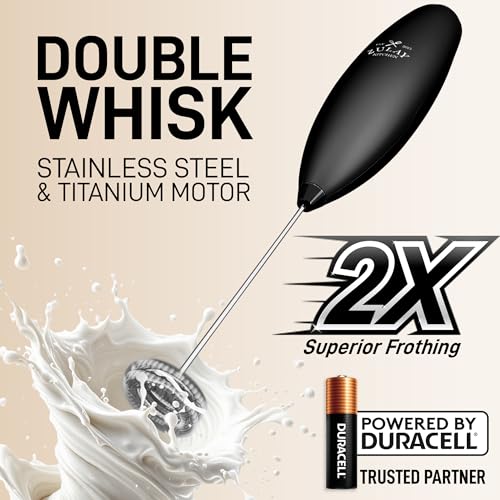 Image of Zulay Kitchen Powerful Milk Frother Wand With Duracell Batteries - Ultra Fast Handheld Drink Mixer - Electric Whisk Foam Maker for Coffee, Lattes, Cappuccino & Matcha - Double Whisk - Exec Black
