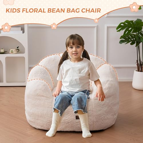 Image of MAXYOYO Kids Bean Bag Chair, Floral Shaped Bean Bag Sofa, Plush Faux Fur Toddler Couch with Petal Backrest for Boys Girls, Stuffed Cozy Sofa for Nursery, Bedroom, Beige