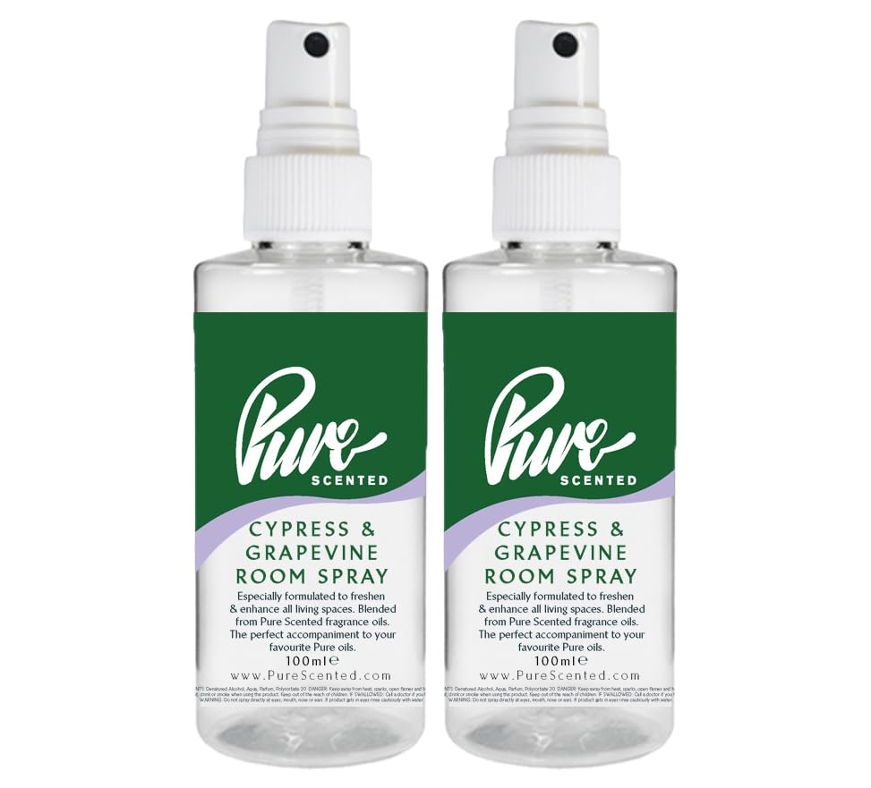 "Pure Scented 200ml Room & Fabric Sprays 2 x 100ml Suitable For Home, Car, Caravan, Work, Gym Bags, Odour Eliminators (2 x 100ml, Cypress & Grapevine)"