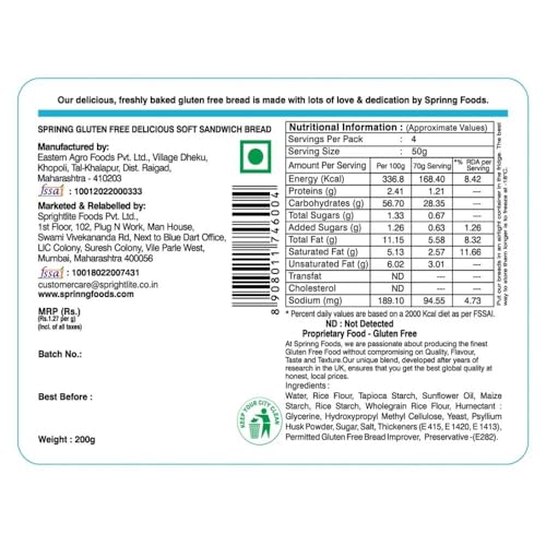 Image of Sprinng Gluten Free, 200 gm (Pack of 2), Low GI, Wheat Free, Maida Free, Lactose Free, Diabetic-friendly, Vegan, Allergen Free, Soy Free, Plain Bread, Certified Gluten-Free, Made in Celiac-Safe Facility.