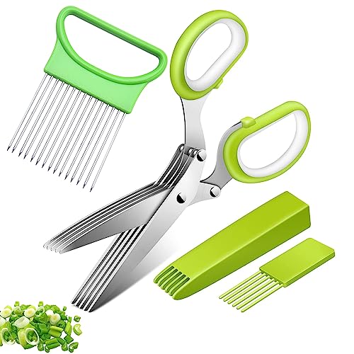 Tijera de Hierbas Multifuncional con 5 Hojas, Soporte de Cebolla, Acero Inoxidable