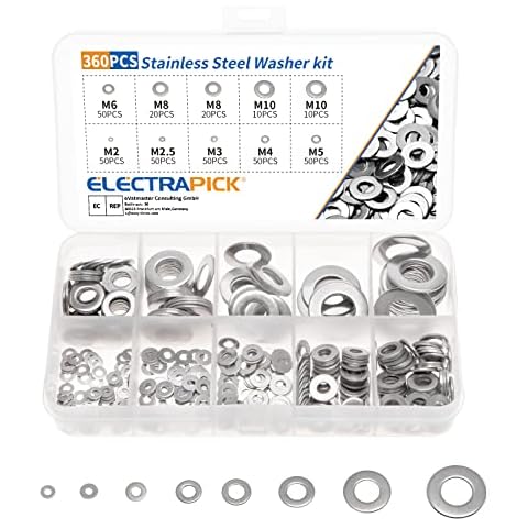 ELECTRAPICK 360Pcs Stainless Steel Flat Washers Assortment Washers Hardware Set, 8 Sizes M2 M2.5 M3 M4 M5 M6 M8 M10, Durable and Rustproof for Home Decoration Factories Repair Construction Cover