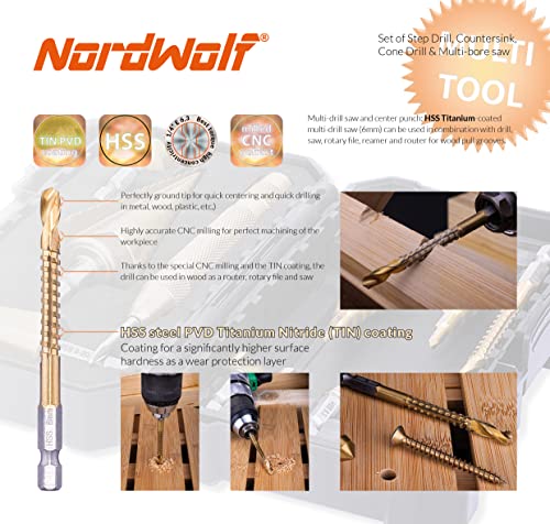 Nordwolf 12-Piece Metric Hss Titanium Step, Countersink, Cone Drills With 1/4" Hex Shank, Multi Drill Saw & Automatic Center Punch Combination Set In Storage Box #TOP4