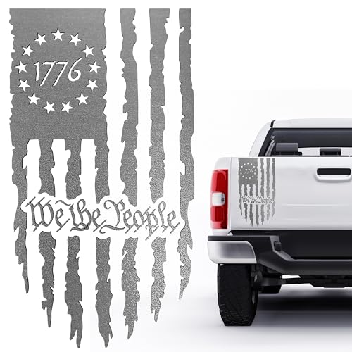 Image of GRITKULTURE We The People Distressed American Flag Decal Vinyl for Trucks, Cars, Tailgate, Windows Preamble of The US Constitution fits Most Pickup Trucks-Rear USA Flag Car Sticker (Reflective Silver)