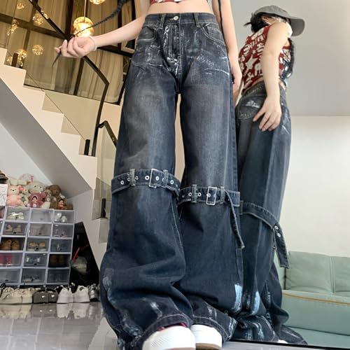 Fashion High Waist Straight Baggy Jeans for Women Vintage Gothic Leg Drawstring Y2K Scrawl Denim Pants4
