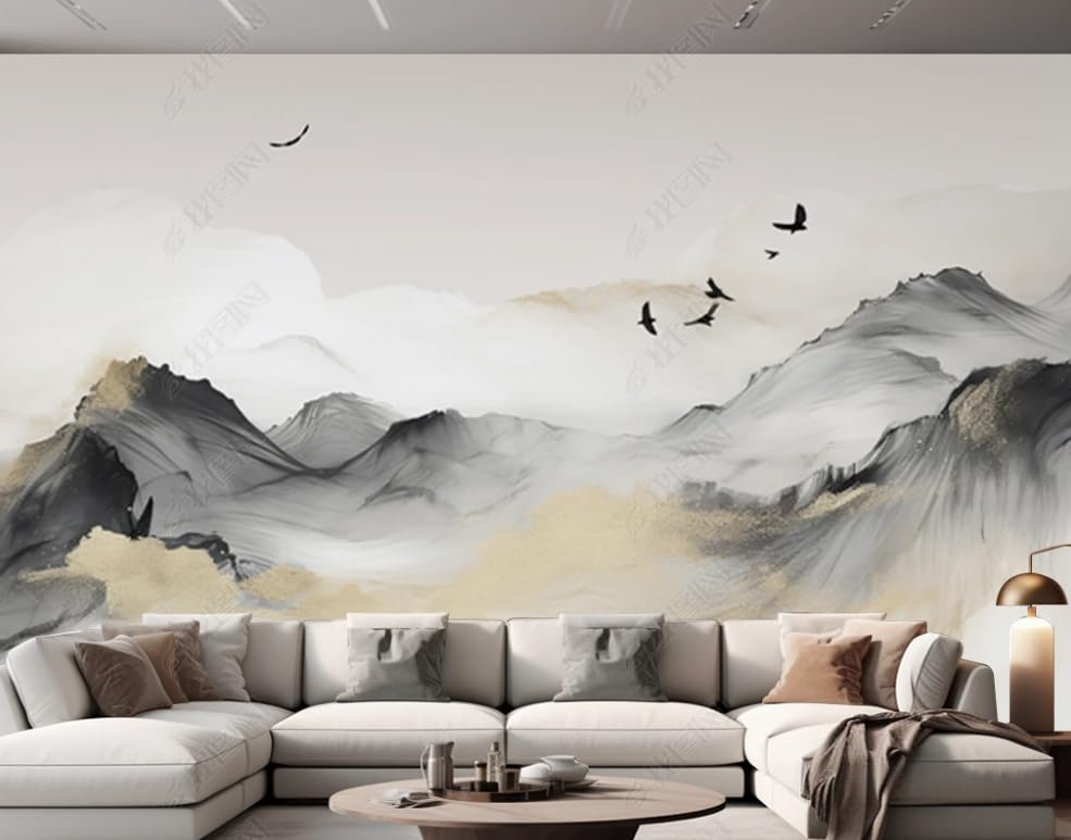 Papier peint intissé abstrait oiseaux montagnes 300x210 cm - 2