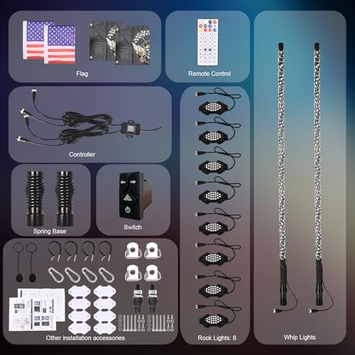 Image of 2PCS 3FT LED Whip Light and 8 Pods Rock Light Kit with Spring Base, Switch, Remote and App Control,Universal for UTV ATV RZR Polaris SXS Can-Am