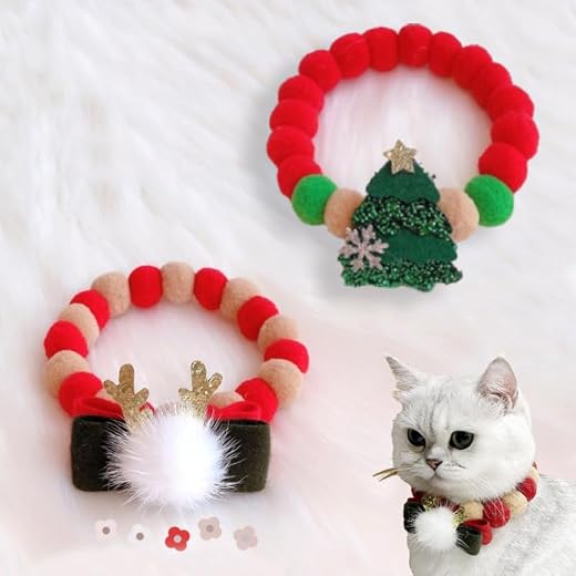 Pets Landing 2 Pack Safe and Necklace Decoration Ball Design Dog Plush Cat Accessories Beaded Adjustable Choker Collars Lovely Dressup Grooming Elastic Kitten Festival Best Christmas New Year Gift