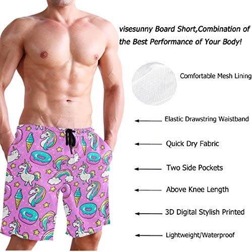 Visesunny Unicorn Ice Cream Donut Print Men's Beach Shorts Swim Trunks Sports Running Bathing Suits With Mesh Lining #TOP3