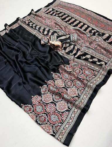 Image of SATIKA VASTRAM Modal Silk Ajrakh Saree Bandhani Design Crepe Printed Designer Pallu Attach Blouse Piece