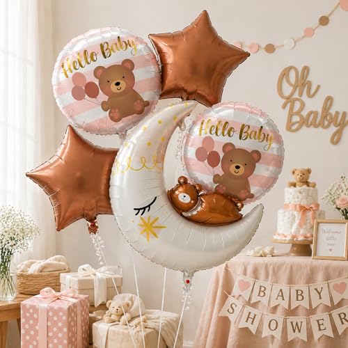 Image of Rozi Decoration Hello Baby Teddy Bear Moon Foil Balloon Set with Star & Round Balloons, 5 Pcs Baby Shower Decoration Kit for Welcome Baby Celebration