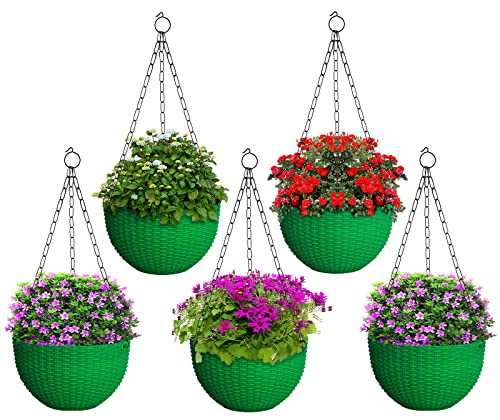 Image of Heat Home Plastic Hanging Flower Pot for Balcony & Railing Set (Green, Set of 5)