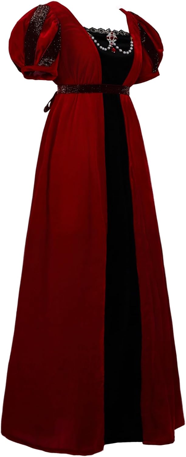 1800s Regency Dress for Women Victorian Wine Velet High Wasit Dresses - Image 2