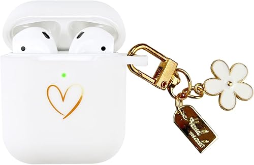 Funda compatible con AirPods, funda de silicona suave con patrón de corazón dorado para AirPods de 2 y 1 generación con bonito llavero de margaritas