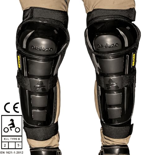 Image of ORAZO Raptor CE Certified Knee & Shin Protector | Level 2 K+L TYPE B T- | Anti-Slip Straps | Bionic & Asymmetric for Comfort | Made in India (Black, Long Straps)