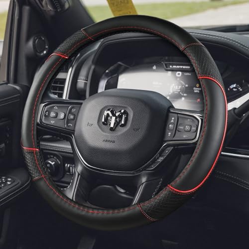 KEAIDAP Steering Wheel Cover for Dodge RAM 1500 2500 3500 - Premium Microfiber Leather Auto Car Accessory with Non-Slip Grip Rugged Durability & Interior Upgrade 15.5-16 inch (Red-Large Size)
