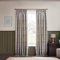 Morris&Co. Strawberry Thief Pencil Pleat Curtain Pair – Iconic Bird & Floral Jacquard Lined Velvet Drapes (Biscuit - 229x183cm)