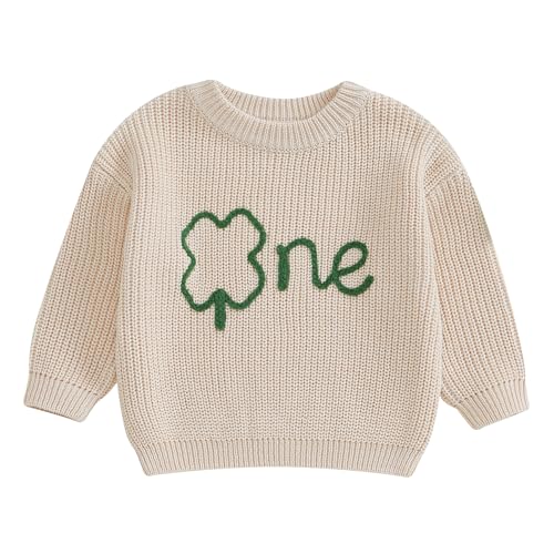Beautooly First Birthday Outfit Baby Girl Boy Cute Letter Embroidery Warm Long Sleeve Oversized Sweater Infant Knitwear (Beige Shamrock, 9-12 Months)