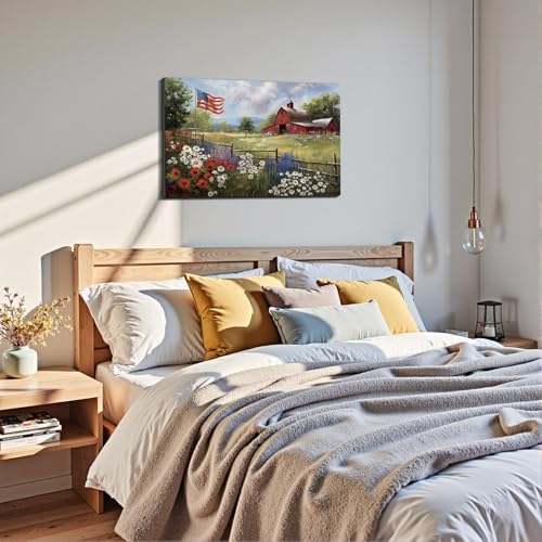 Image of Framed Rustic American Flag Red Barn Wall Art, Patriotic Farmhouse Canvas Art Pictures, USA Flag Wall Decor for Living Room Kitchen Entryway, Ready to Hang Made in USA