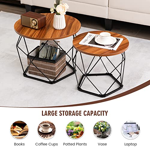 Costway Round Coffee Table Set Of 2, Industrial Nesting Accent Tea Table W/Rustproof Steel Frame, Non-Slip Eva Pads, Small Side End Tables For Living Room, Bedroom, Office, Rustic Brown #TOP4