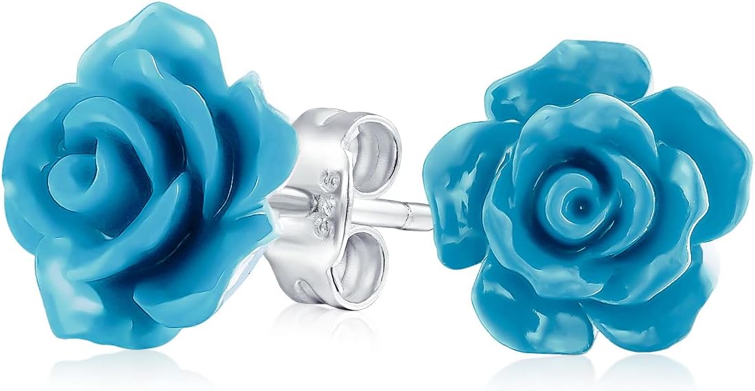 Romantic Delicate Pink Blue Yellow Green Black Purple White Red Floral Blooming 3D Carved 10MM Rose Flower Post Stud Earrings For Women Teen Lightweight