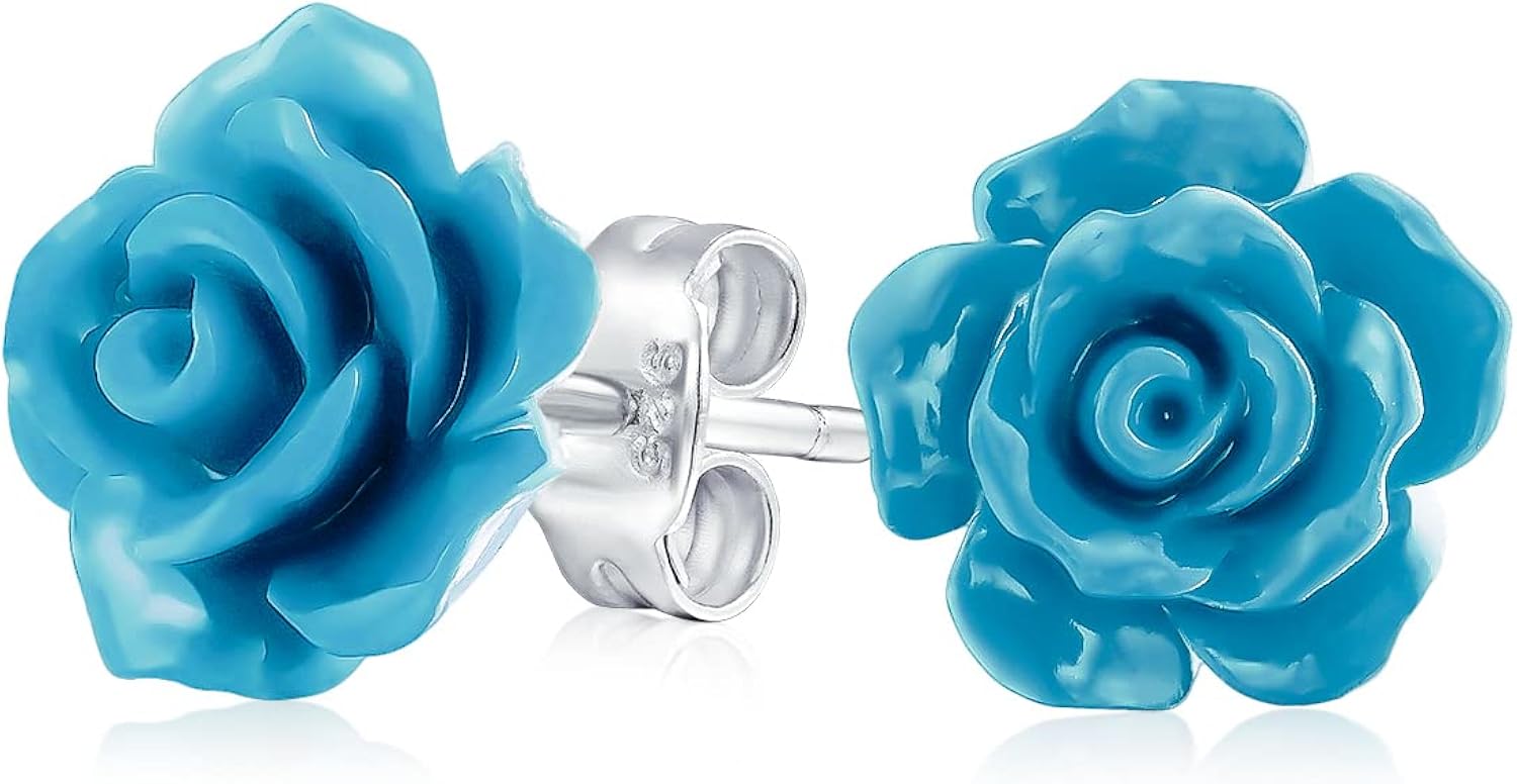 Romantic Delicate Floral 3D carved Blue Rose Flower Stud Earrings For Women Teen For Mother Silver Plated