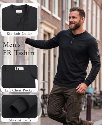 Image of BOCOMAL FR Shirts Flame Resistant Shirt 5.5oz 100% Cotton Light Weight CAT2 Fire Retardant Henley Shirts
