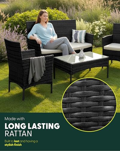 KEPLIN 4 Piece Rattan Garden Furniture Set – Outdoor Sofa, 2 Chairs & Tempered Glass Coffee Table, Durable Weather-Resistant Wicker Patio Lounge Set with Cushions for Garden, Balcony (Black) - Image 4