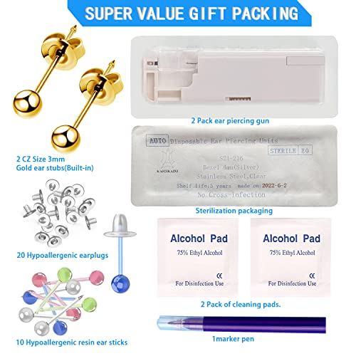 KAIQIKAIXI 18Pcs Ear Piercing Kit Automatic And Painless Ear Nail Gun Disposable Aseptic Household Ear Piercing Gun Portable Ear Piercing Gun Group Ear Piercing Tools (3mm, Golden)3