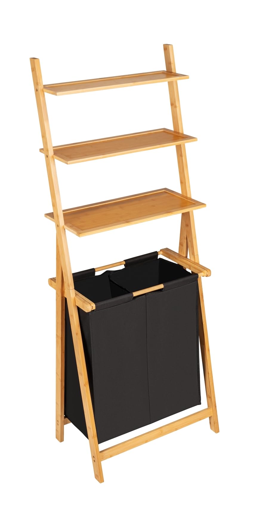 WENKO Leiterregal mit Wäschesammler Ecori, Leiter aus Bambus, Wäschekorb mit 2 Fächern (je ca. 33 L), Textil aus recyceltem Polyester, Schwarz