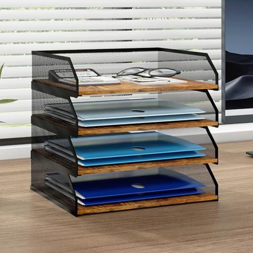 Natwind 4-Tier Wooden & Metal Mesh Paper Tray Organizer