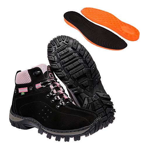 Bota Coturno Adventure Feminino Preto-Rosa em Couro e Solado Costurado (Top 10 Calçados)