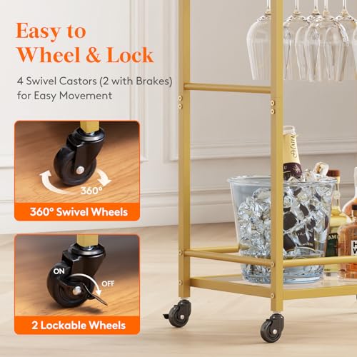 Lifewit Drink Trolley, Bar Cart on Lockable Wheels, Rolling Serving Trolley with 2 Tier Mirrored Shelves, Wine Alcohol Trolley with Glass Holder, Cocktail Beer Trolley for Kitchen Living Room, Gold - Image 6