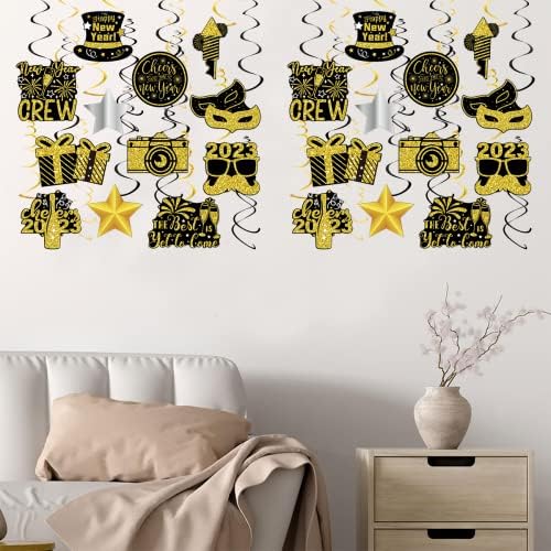 13PCS New Years Eve Decorations 2023, Black & Gold Happy New Year Banenr/Happy New Years Hanging Swirl, Happy New Year Hanging Swirl Decorations for Ceiling Indoor Outdoor