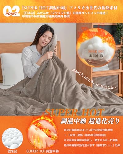 VK Living 毛布 二枚合わせ シングル 【瞬間超発熱・SUPERHOT次世代調温中綿】【SUPER HOT】 冬用 あったか 厚手 保湿加工 24時間持続制菌消臭 襟付き 吸湿発熱 静電防止 丸洗いOK 140x200cm グレージュ [4]