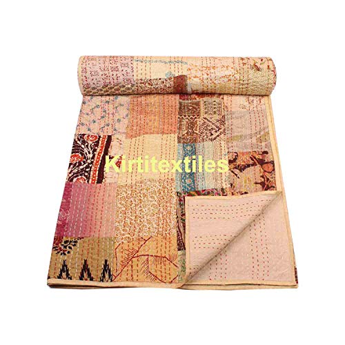 Image of Silk Hand Made Design Kantha Quilt Blanket, Bed Cover, Bedspread (Size 90 inch X 108 inch) - Multicolour
