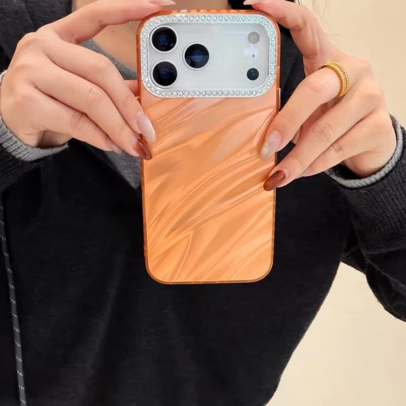 Image of COVERLY for iPhone 17 Hot Diamond Bling Camera Protection Frame Phone Case, Luxury Glossy 3D Laser Cut Water Ripple Mirror Glitter Cute Colorful Shiny Hard Mobile Cover for Apple iPhone 17 (Orange)