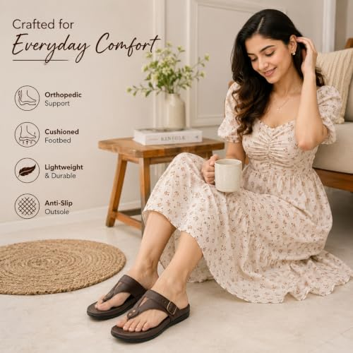 Image of OfficeEase 2.0 Women's Comfort Sandals, Toe-Ring Slip-On Slippers with Chic Buckle Detail, Soft Cushioned Footbed, Responsive Support Sole for Office & Daily Wear, Brown