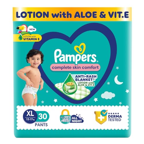 Image of Pampers Complete Skin Comfort Pants, Anti-rash blanket, Lotion with Vitamin E & Aloe Vera, Extra Large size baby diapers (XL) 30 Count, 12-17kg