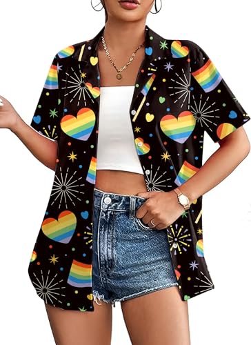 Image of tiorhooe Pride Shirt Women Heart Rainbow Graphic T Shirt Causal Hawaiian Pride Button Down Tops (Multicolor-Heart3,XXL)