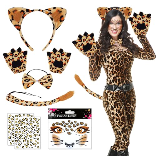 8 Pièces Leopard Deguisement Animaux Queue Déguisement Leopard Femme Serre Tête Oreille Bandeau Queue de léopard Nœud papillon Gants (Costume non inclus)...