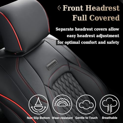 Image of Coverado Full Set Leather Car Seat Covers for F150,Waterproof Automotive Seat Covers for Cars,SUVs,Pickup Trucks,Compatible with 2015-2026 F150 SuperCrew,2017-2026 F250 F350 F450 Crew Cab, Black /Red