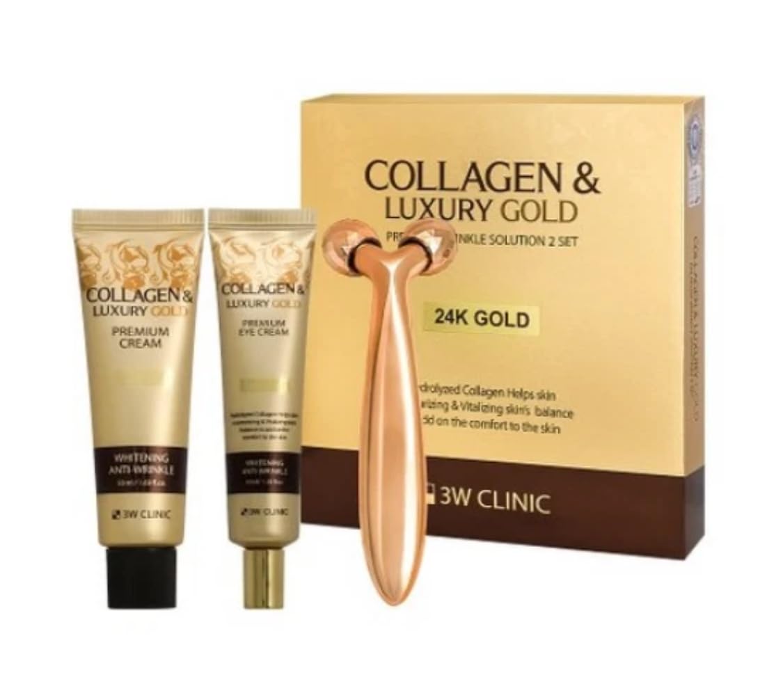 3W Clinic Collagen & Luxury Gold Premium Wrinkle Solution 3pc Skincare Set (Cream 50ml + Eye Cream 40ml + Gold Massager Tool). For Wrinkle Reduction, Moisturizing and Nourishing Skin. Made in Korea