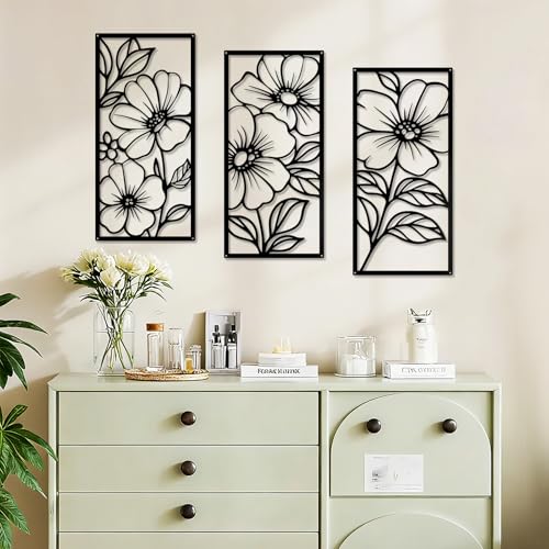 Décoration Murale Métal 3 Pièces Fleurs Noir YiYa