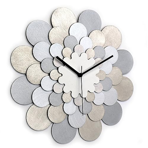 Ardeola 11.5 In Silver Floral Wall Clock, Birch Farmhouse Wall Deco & Art + Handmade Dahlia Silver Clock Medium (M) Size By Ardeola cover