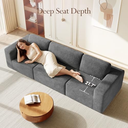 Image of Vesgantti 119 inch Modular Sectional Sofa, Corduroy Cloud Couch with Deep Seating & Spring Support, 3 Seater Flexible Layout Sofa, Boneless Couch for Living Room & Apartment, No Assembly Required, Grey
