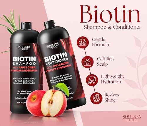 Image of SOULSPA PURE Apple Cider Vinegar Biotin Shampoo and Conditioner Set - ACV Clarifying Scalp Care with Rosemary Oil & Keratin - Sulfate Free for Oily, Thinning Hair - 16 fl oz Each