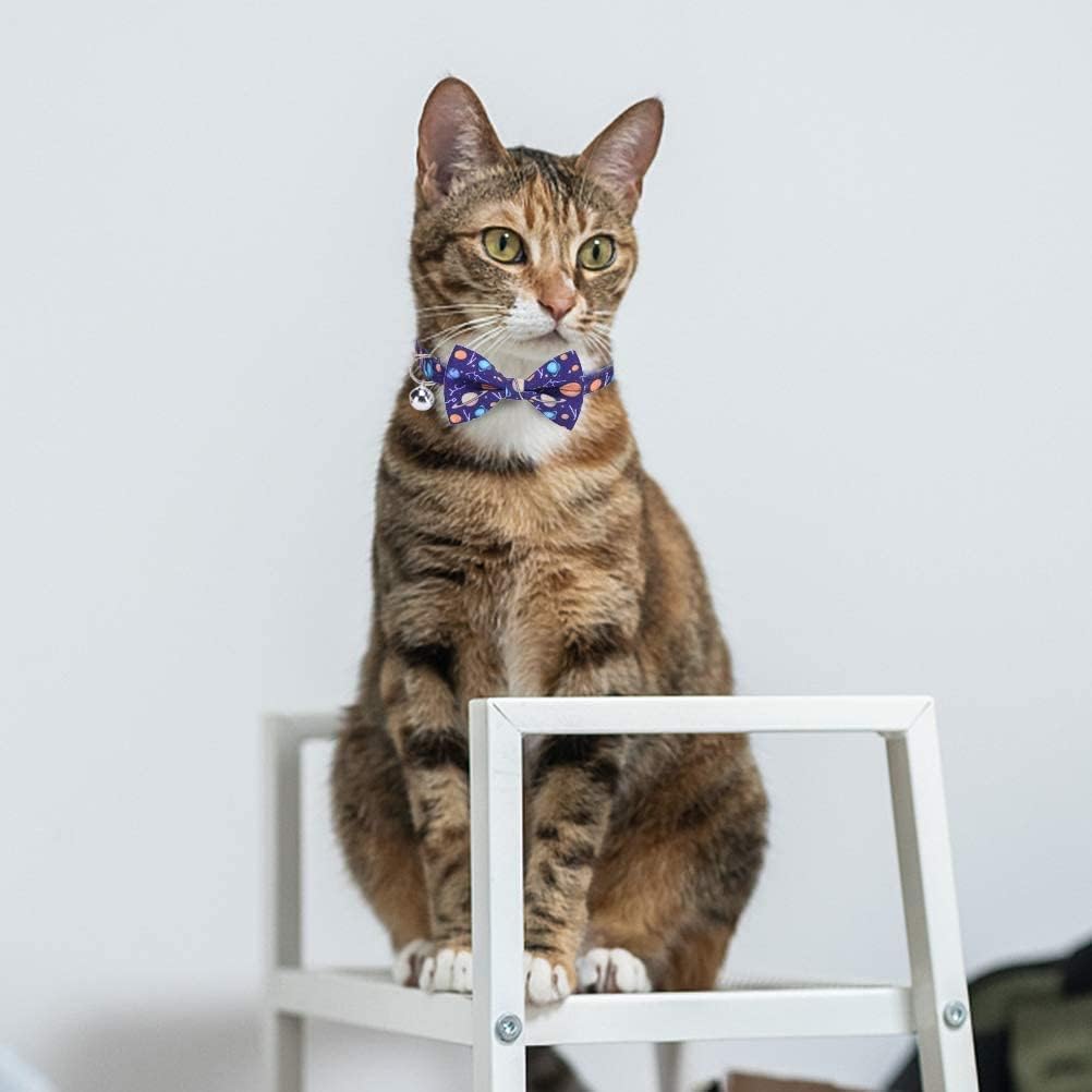 EXPAWLORER Cat Bow Tie Collar with Bell - 2 Pack Planet Design Breakaway Safe Buckle Kitty Collars, Cute Adjustable Kitten Collars with Removable Bow Tie, for Kitty Puppy Boy Girl