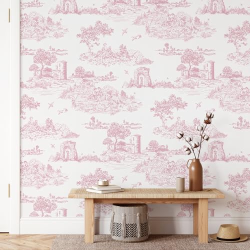 WENMER Pink Toile Peel & Stick Wallpaper for Bedroom, Self-Adhesive