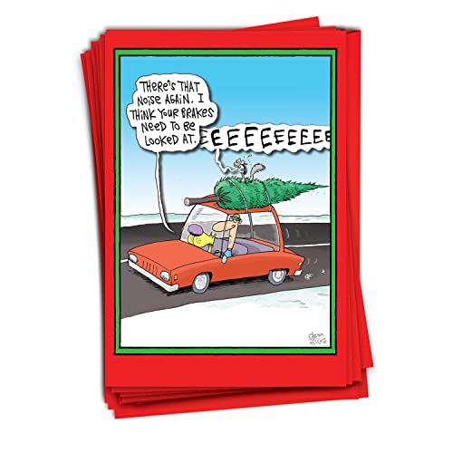 NobleWorks - 12 Boxed Merry Christmas Cards Bulk - Funny Cartoon Happy Holiday Stationery, Hilarious Notecard Set (1 Design, 12 Cards) - Screaming Tree B1883
